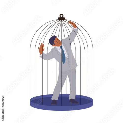 Anxious businessman cartoon character trapped in cage trying to get out isolated on white background