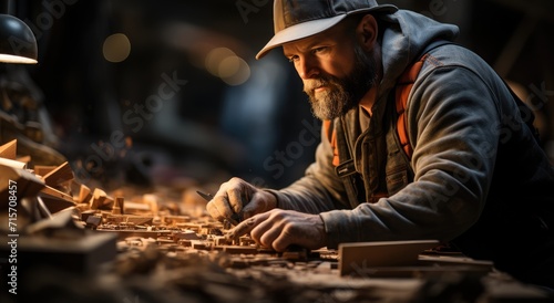 An expert metalsmith in traditional clothing carefully crafts intricate designs onto a piece of wood, channeling his passion and skill into every strike of his metalworking tools photo