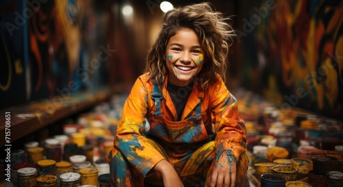 A woman s joyful smile shines through the paint on her face as she proudly poses in her vibrant orange and blue overalls  embodying the perfect fusion of human and art in this stunning indoor portrai