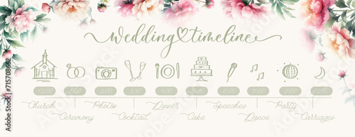 Wedding Timeline menu on wedding day with watercolor peonies. Abstract floral art background vector design for wedding and vip cover template.