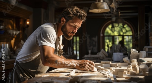 A skilled artisan in a rustic kitchen prepares a ceramic masterpiece on a wooden table, showcasing the beauty of handcrafted work