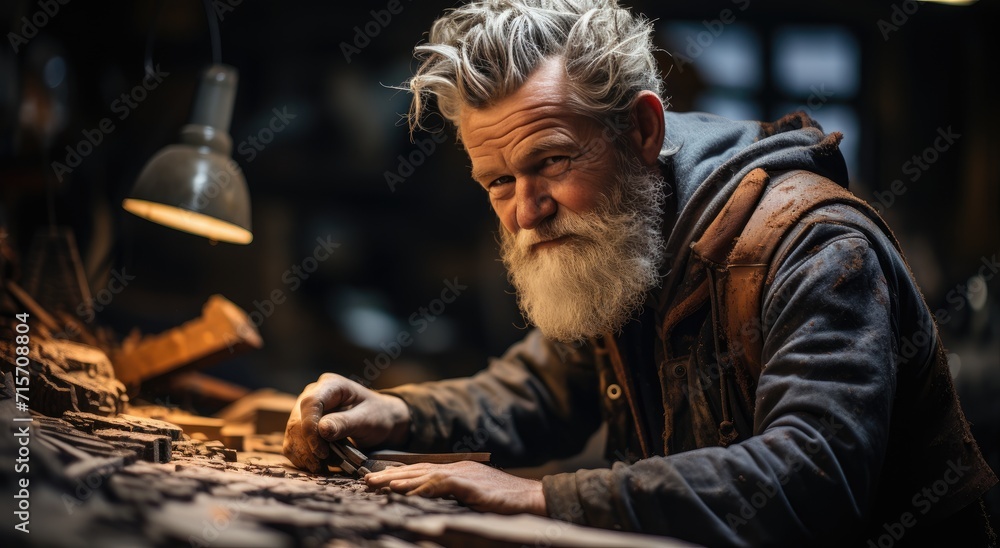 A rugged artisan with a bushy beard creates masterpieces on a wooden surface, his clothing stained with sweat and sawdust, his human face filled with determination and passion