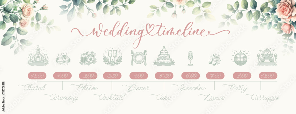 Wedding Timeline menu on wedding day with watercolor garden roses.