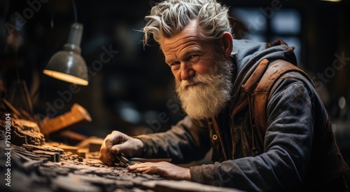 A rugged artisan with a bushy beard creates masterpieces on a wooden surface, his clothing stained with sweat and sawdust, his human face filled with determination and passion © Larisa AI