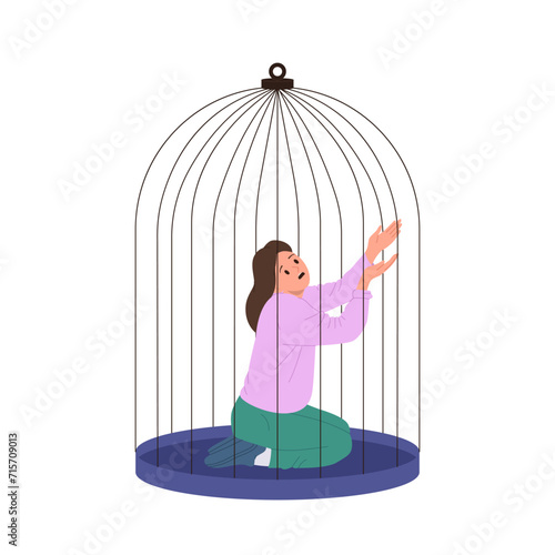 Depressed young woman cartoon character trapped in cage feeling fear and helpless isolated on white