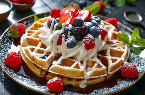 Belgian Waffle - Fruit Delight with White Sauce in a Tenwave Style photo