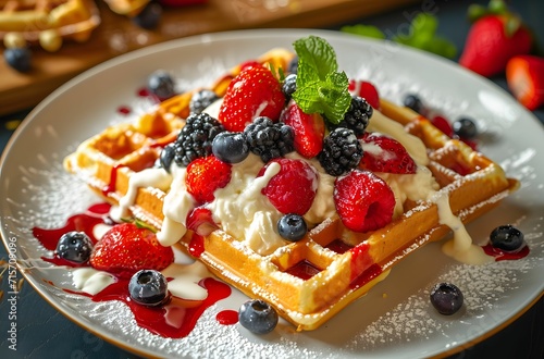 Belgian Waffle - Fruit Delight with White Sauce in a Tenwave Style