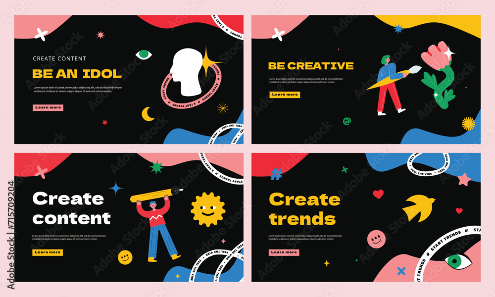 A collection of templates for a website with characters with pencil and brush, different shapes. Symbols of creativity, content creation, and development.