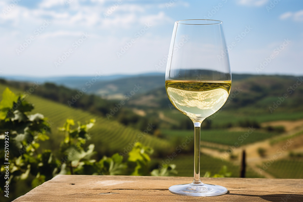 Wine glass with pouring white wine and vineyard landscape on a sunny day Wine glass with pouring white wine and vineyard landscape on a sunny day