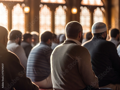 A diverse group of worshipers united in prayer at a mosque, seeking spiritual connection.