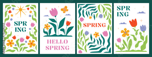 A collection of spring posters with blooming flowers and wavy of foliage. Bright minimalistic hand-drawn artwork.