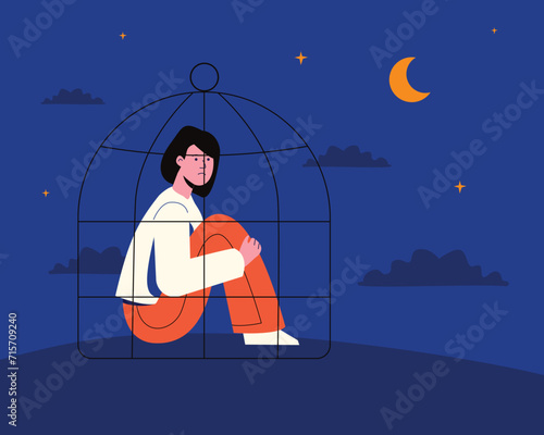A sad, exhausted teenager in a cage surrounded by darkness. A metaphor for childhood depression, mental disorders, and ambiguity.