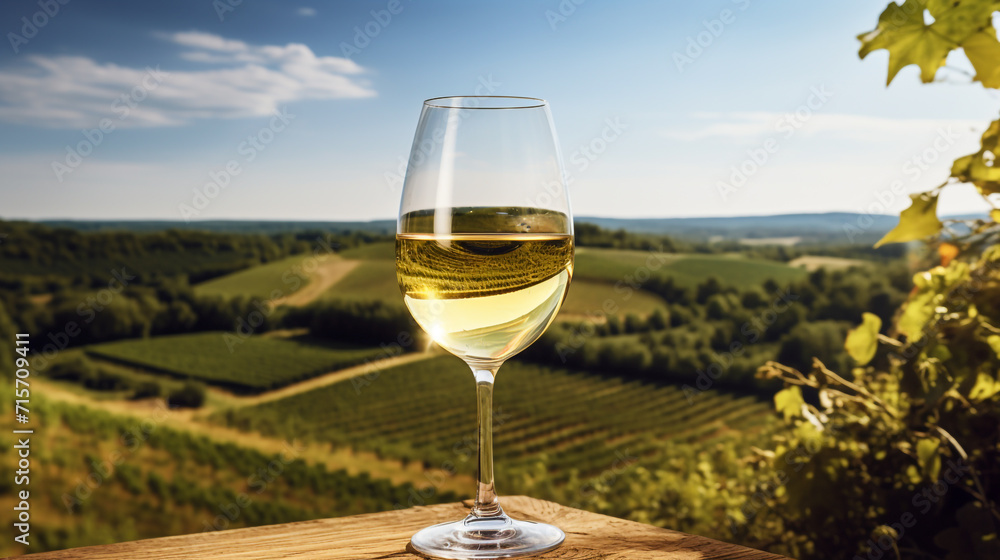 Wine glass with pouring white wine and vineyard landscape on a sunny day Wine glass with pouring white wine and vineyard landscape on a sunny day