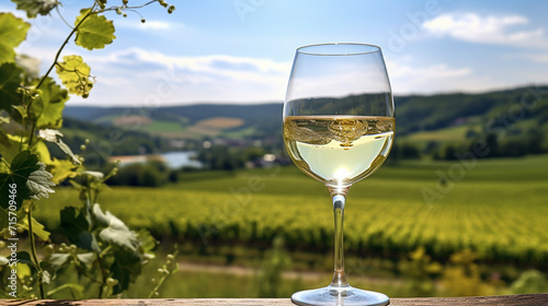 Wine glass with pouring white wine and vineyard landscape on a sunny day