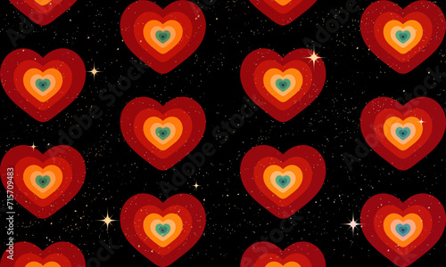 Vintage Striped  heart pattern psychedelic concentric colored hearts with cartoon style. Backgrounds, Posters, Banner Samples, Retro Colors from the 1970s 1980s, 70s, 80s, 90s. retro vintage 70s