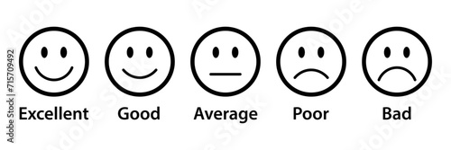 Rating emojis set in black with outline. Feedback emoticons collection. Excellent, good, average, poor and bad emojis. Flat icon set of rating and feedback emojis icons in black with outline.