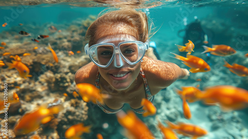 woman in a mask diving underwater, snorkeling, ocean, swimming, coral reef, sea, blue water, beauty, fish, dive, summer, sport, vacation, active