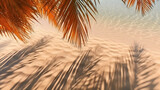 Peach fuzz color palm tree leaves shades on beach sand, tropical summer vibe background.