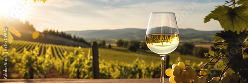 Wine glass with pouring white wine and vineyard landscape on a sunny day photo