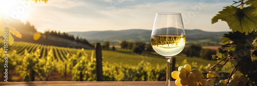 Wine glass with pouring white wine and vineyard landscape on a sunny day