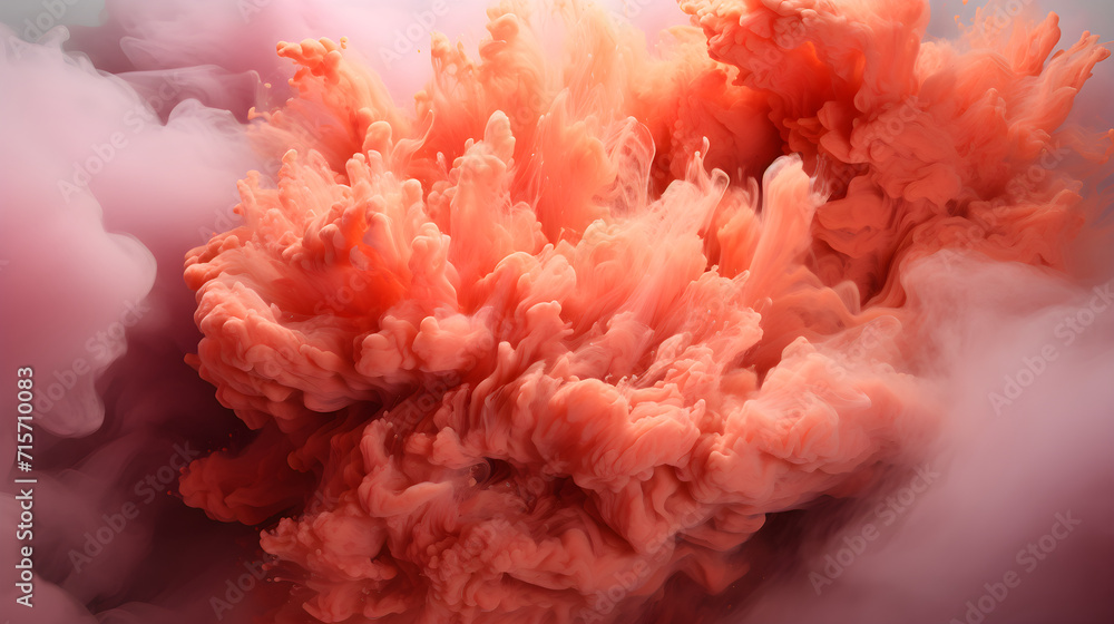 Peach fuzz color of the year explosion of colored dust. Abstract peach fuzz background banner.