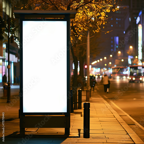 Blank white vertical digital billboard poster on city street bus stop sign at night at summer