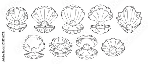 Open Shell With Pearl Outline Vector Icons Set, Features Elegant And Minimalist Symbols, Capturing The Essence Of Shells