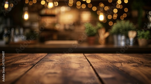 Rustic Elegance: Empty Wooden Table in a Cozy Ambient Setting with Soft Lighting for Product Display