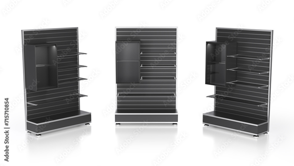Retail black slatwall display stands with glass shelves and show box. 3d illustration set isolated on white Retail black slatwall display stands with glass shelves and show box. 3d illustration set isolated on white