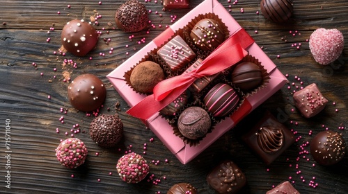 Festive Chocolate Truffles and Gift Box - Rustic Contrast on Dark Wood, Valentine's Day Concept