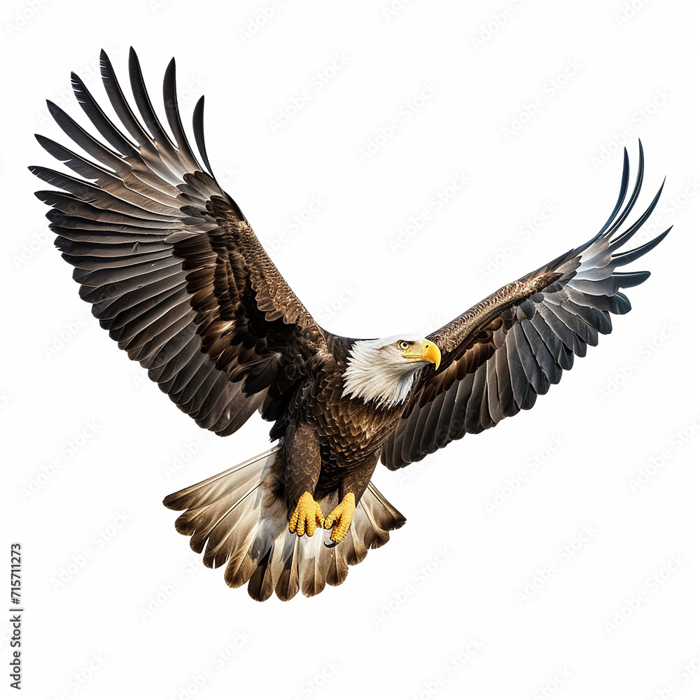 A single American Eagle is flying isolated on a white background in the top view A single American Eagle is flying isolated on a white background in the top view