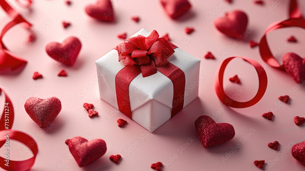 Playful Red Hearts and White Gift Box - Elegant Ribbon on Pink Background, Valentine's Day Concept