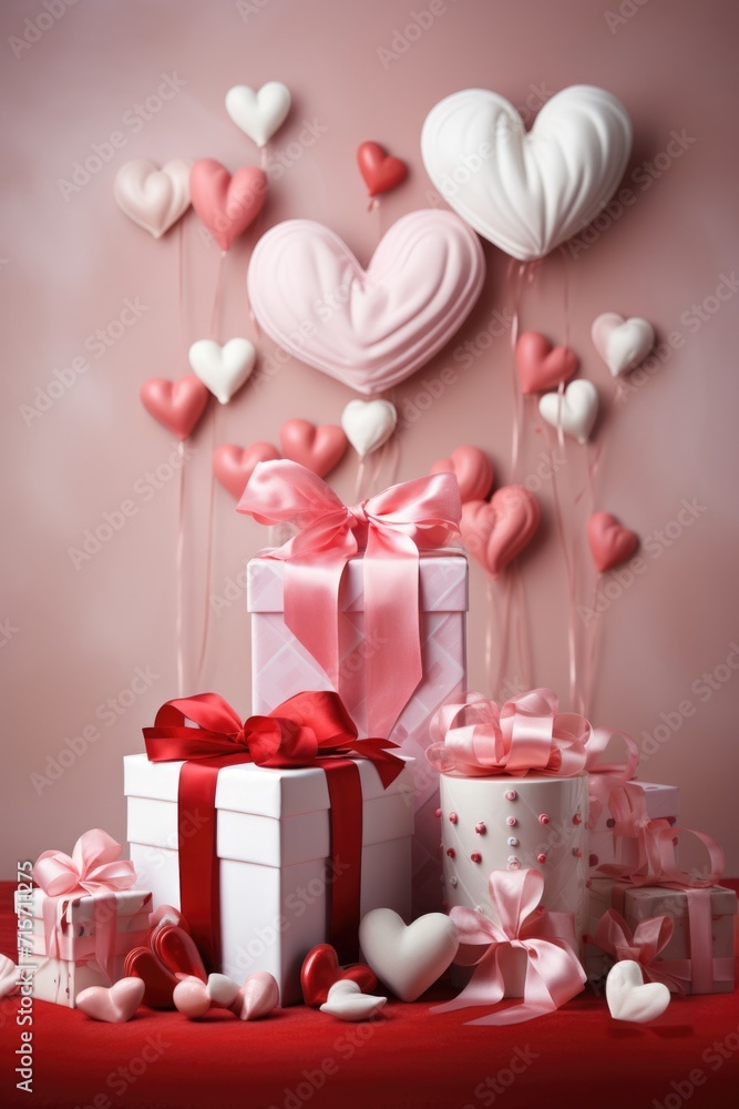 Playful Red Hearts and White Gift Box - Elegant Ribbon on Pink Background, Valentine's Day Concept