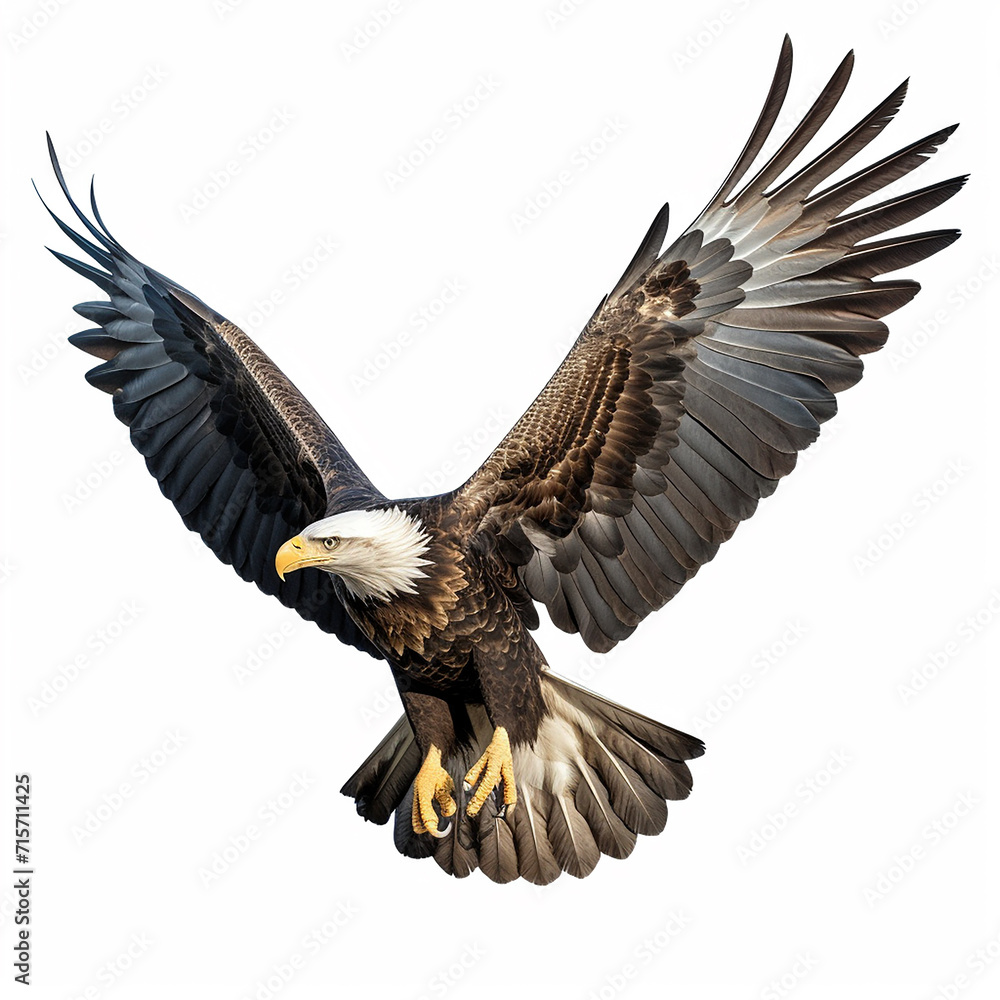 A single American Eagle is flying isolated on a white background in the top view A single American Eagle is flying isolated on a white background in the top view