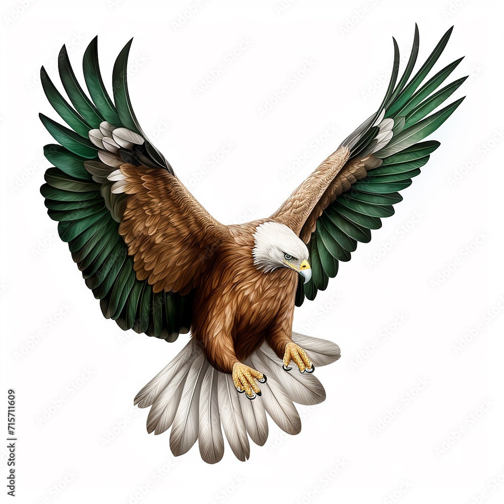 Obraz premium A single Saudi Arabian Eagle is flying isolated on a white background in the top view