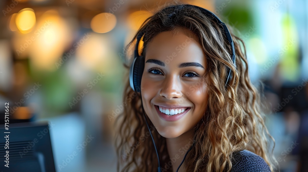 Fototapeta premium portrait of a woman, a woman wearing a headset smiles at the camera while smiling at the camera with a smile on her face