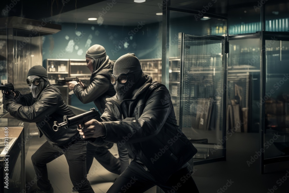 Masked robbers, armed and dangerous, storm a bank with weapons drawn, creating a scene of high-stakes criminal intrusion.Generated image