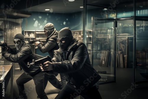 Masked robbers, armed and dangerous, storm a bank with weapons drawn, creating a scene of high-stakes criminal intrusion.Generated image © Minet