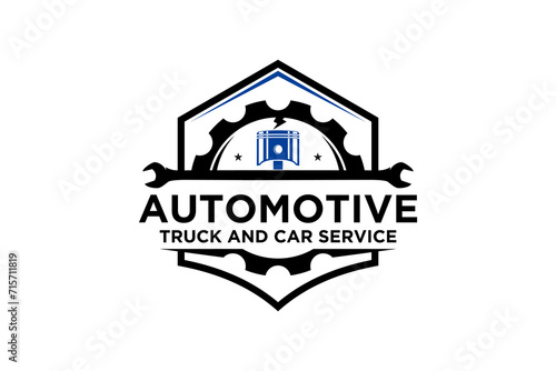 Automotive industry logo with piston gear and wrench elements, workshop garage illustration.