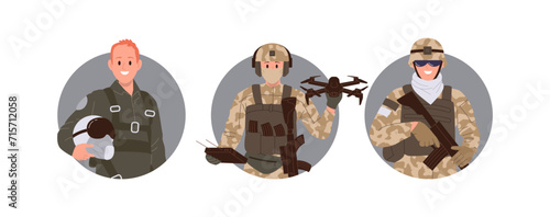 Isolated round icon composition with infantryman, air force pilot and soldier drone operator