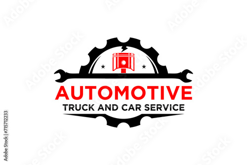 Automotive industry logo with piston gear and wrench elements, workshop garage illustration.