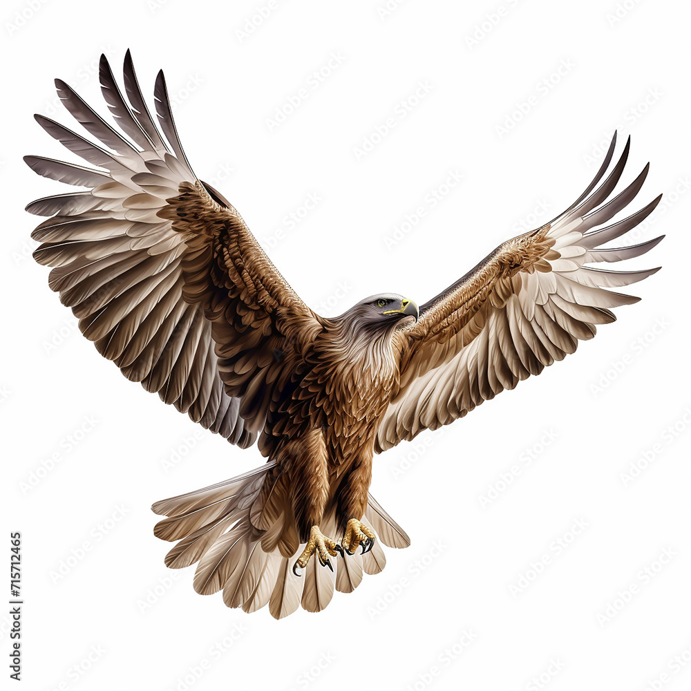 Fototapeta premium A single Saudi Arabian Eagle is flying isolated on a white background in the top view