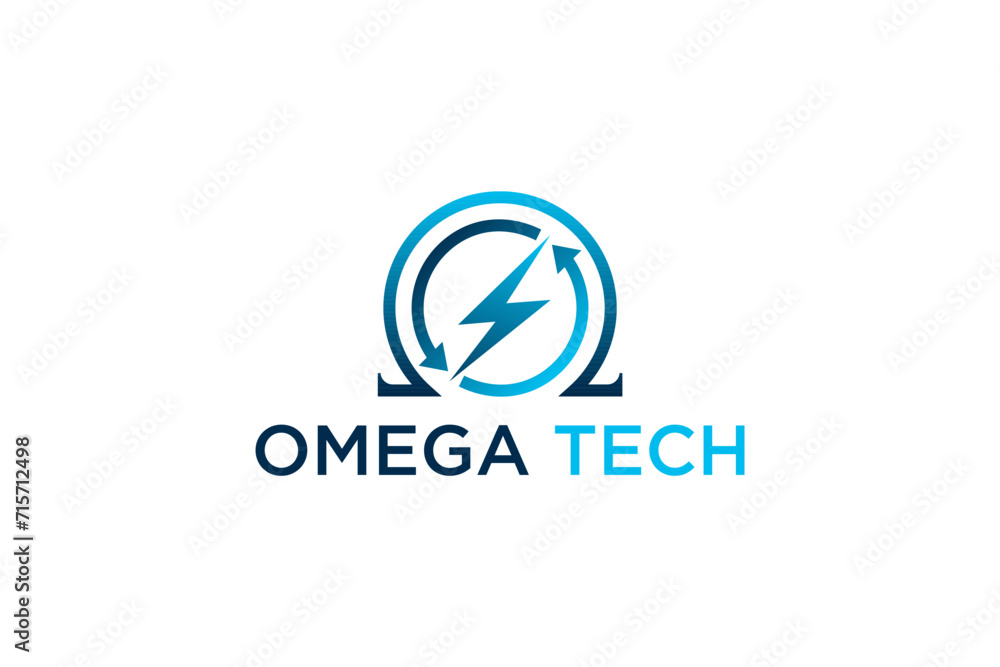 Omega symbol with electric lightning, modern electrical technology icon illustration. Omega symbol with electric lightning, modern electrical technology icon illustration.