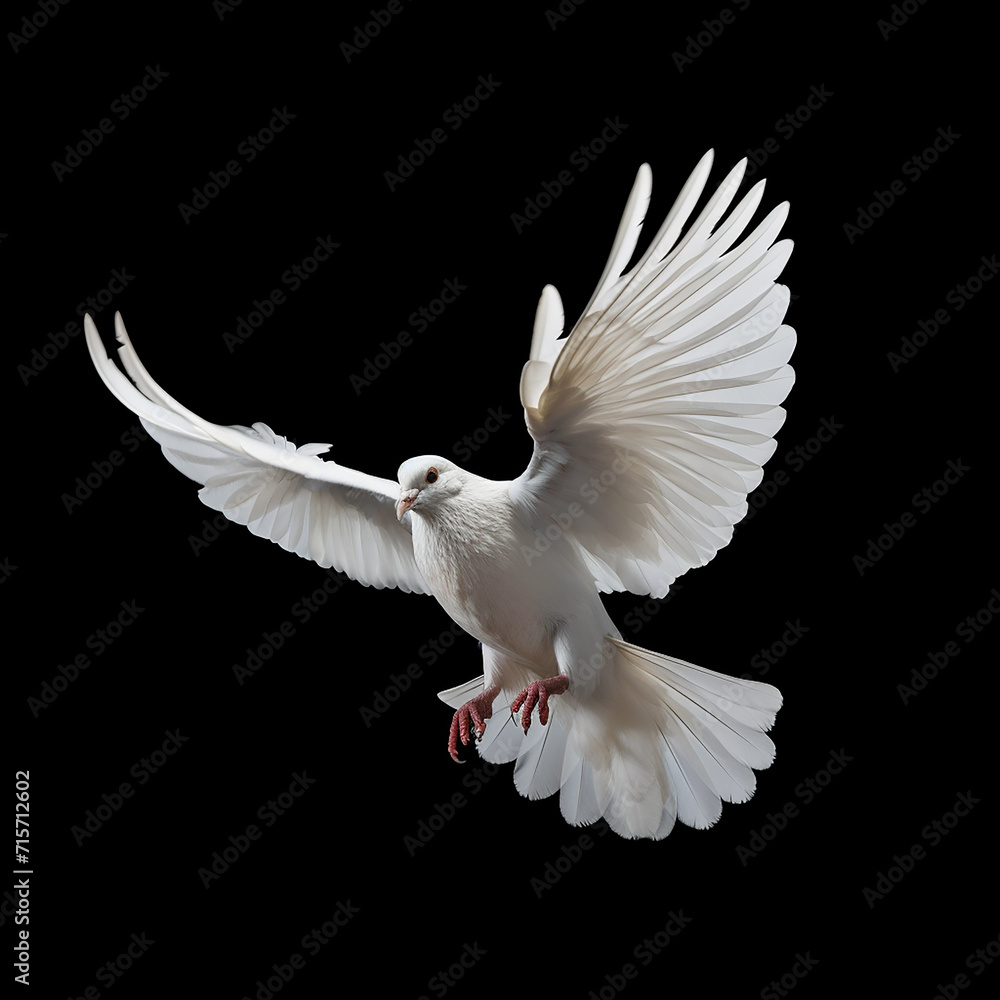 Fototapeta premium A single white color, Dove flying, is isolated on a black background in the top view