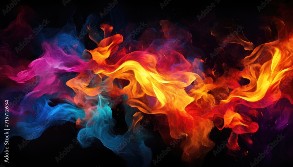 Fototapeta premium Tongues of colourful fire on clear black background, colourful flames and sparks background design 