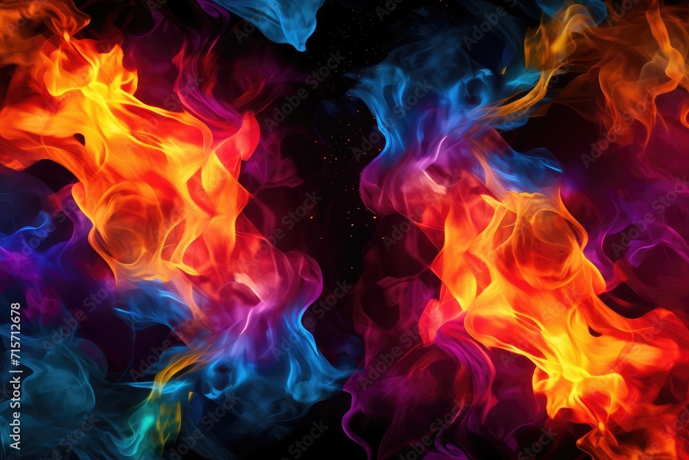 Tongues of colourful fire on clear black background, colourful flames and sparks background design	