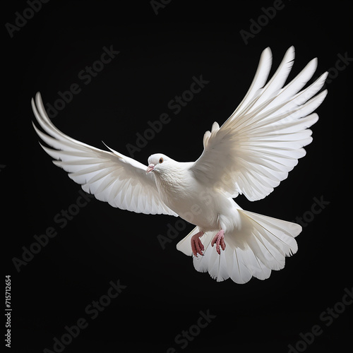 A single white color  Dove flying  is isolated on a black background in the top view
