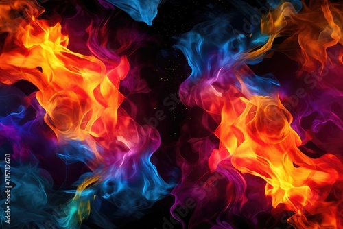 Tongues of colourful fire on clear black background, colourful flames and sparks background design 