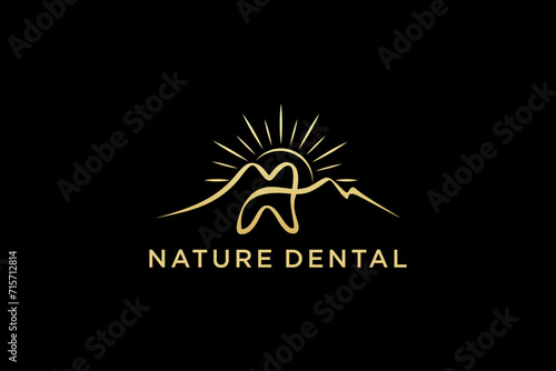 Mountain dental village clinic with sun shine element, luxury gold color, dentist icon symbol