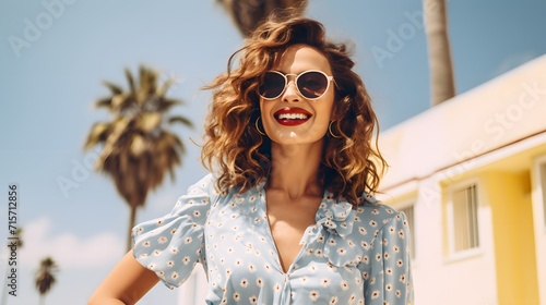 A woman wearing a polka dot dress and sunglasses